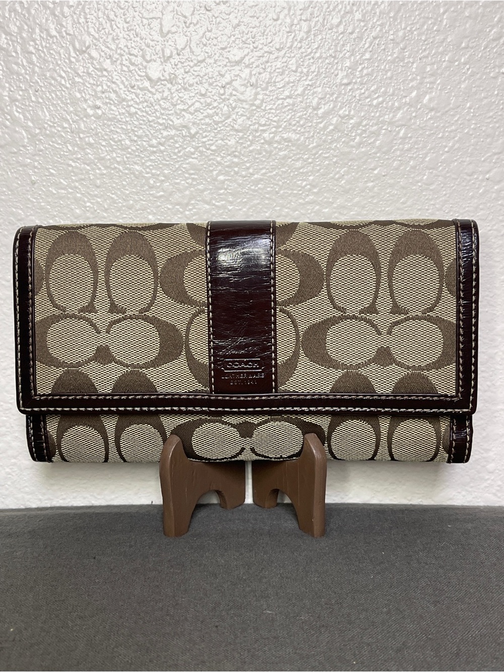 Coach Signature Jacquard Long Wallet with Brown Leather Trim